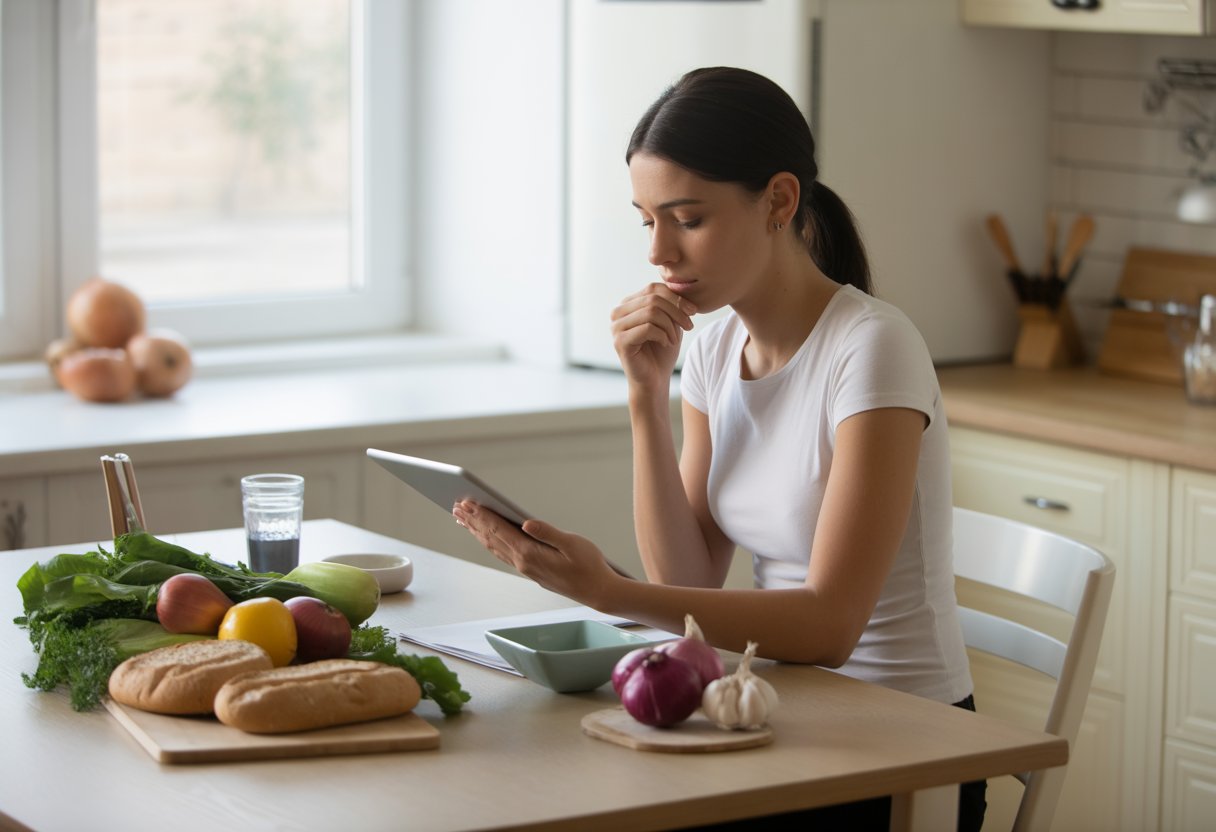 v2-13ya20-q0iwe - Preventive Medicine Daily A woman sitting at a kitchen table reviewing a meal plan with low FODMAP foods and some high FODMAP foods nearby.