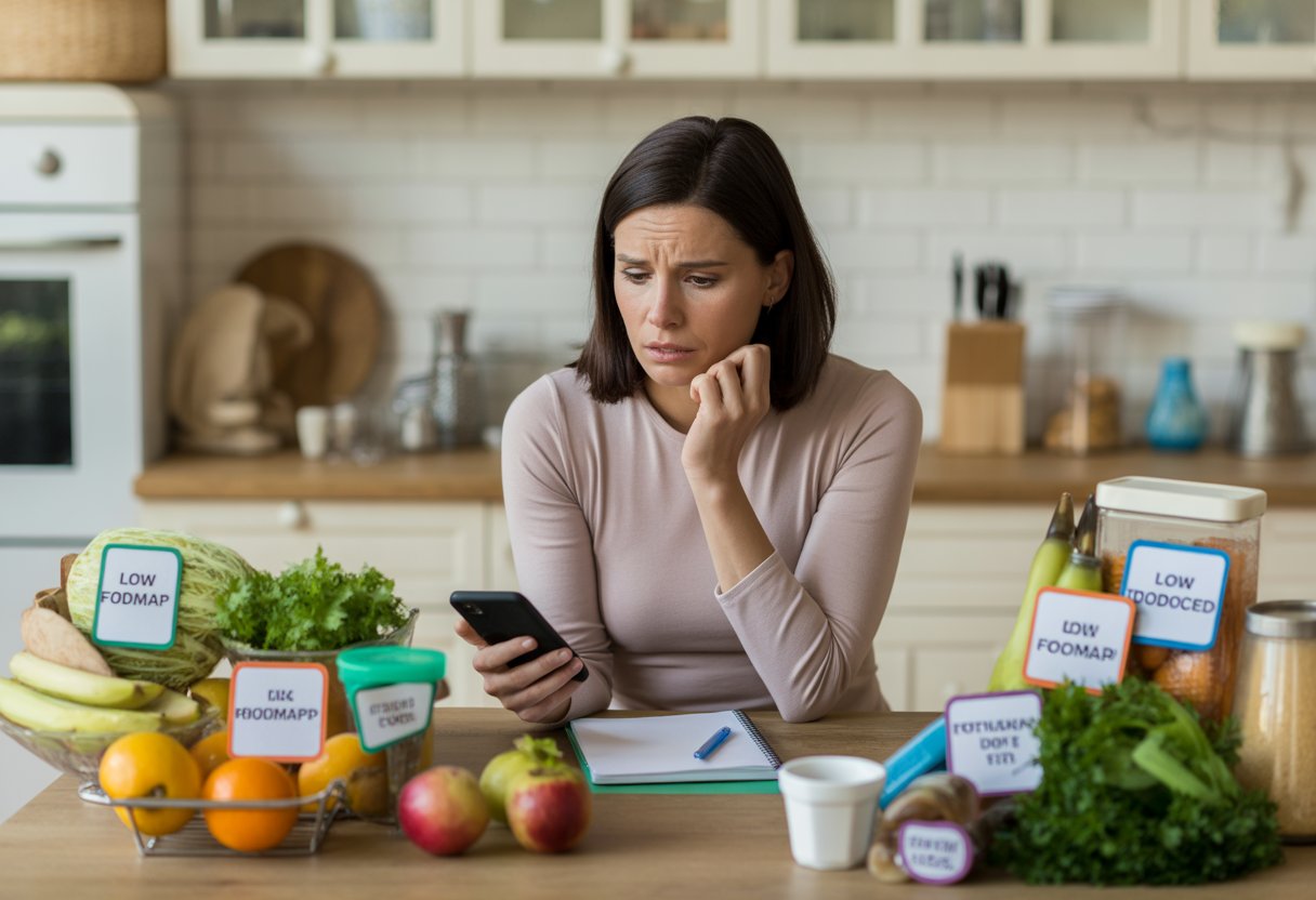 Low FODMAP Diet Mistakes That Make IBS Worse: Avoid These Pitfalls - Preventive Medicine Daily A woman sitting at a kitchen table looking confused and frustrated while surrounded by low FODMAP foods and holding a smartphone.