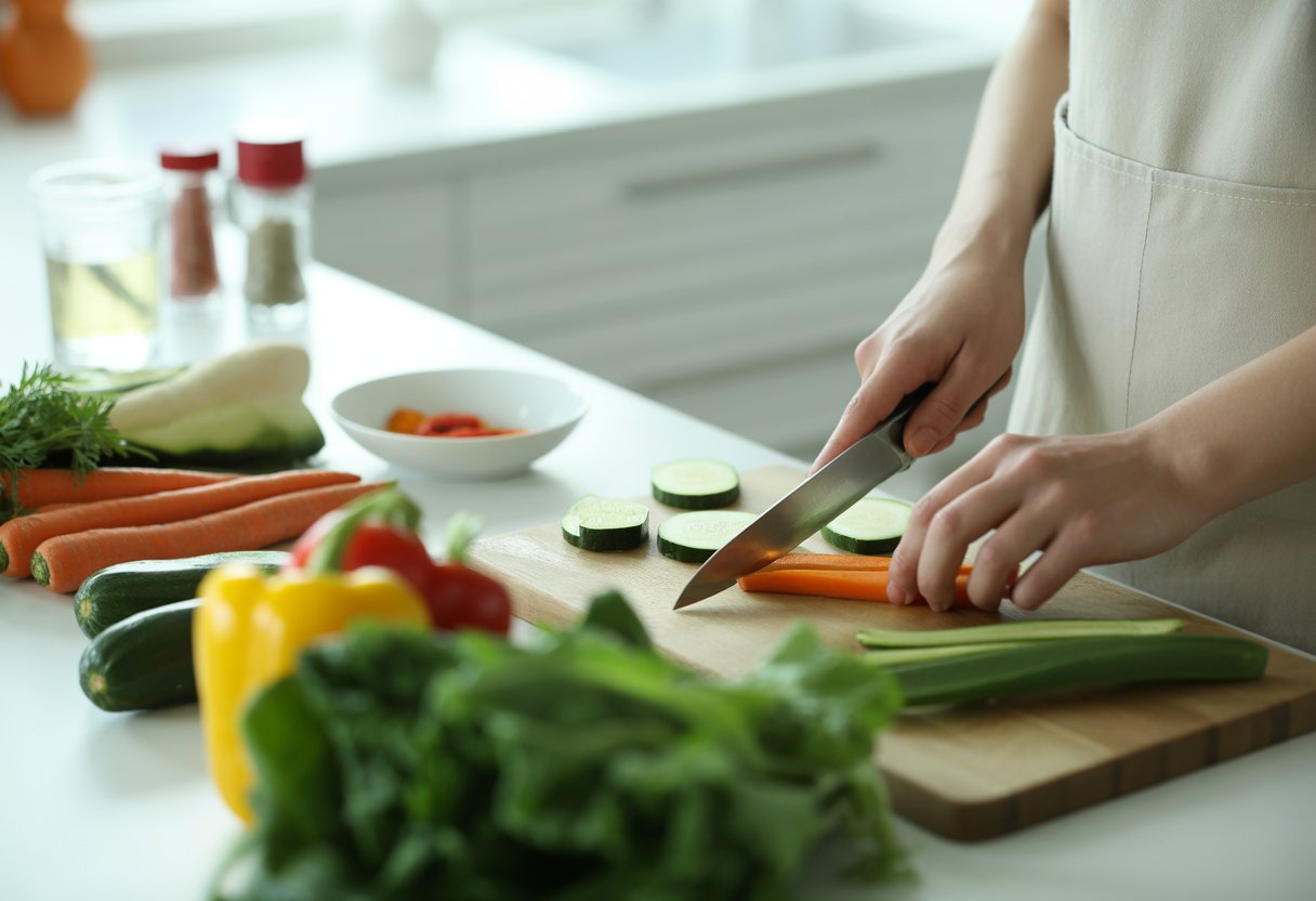 v2-13ya47-jvotj - Preventive Medicine Daily Person preparing fresh vegetables in a bright kitchen with neatly arranged ingredients on the countertop.