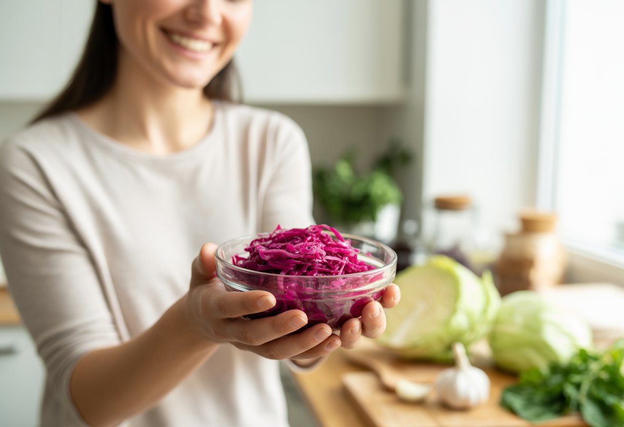 A smiling woman holding a bowl of sauerkraut in a kitchen with fresh vegetables on the counter.