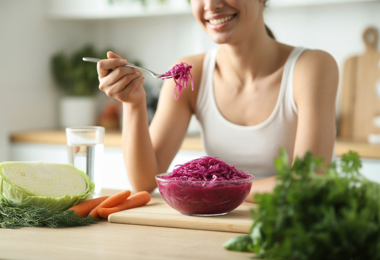 A bowl of fresh sauerkraut on a wooden table with fresh vegetables around it, and a smiling person holding a fork with sauerkraut in a bright kitchen.