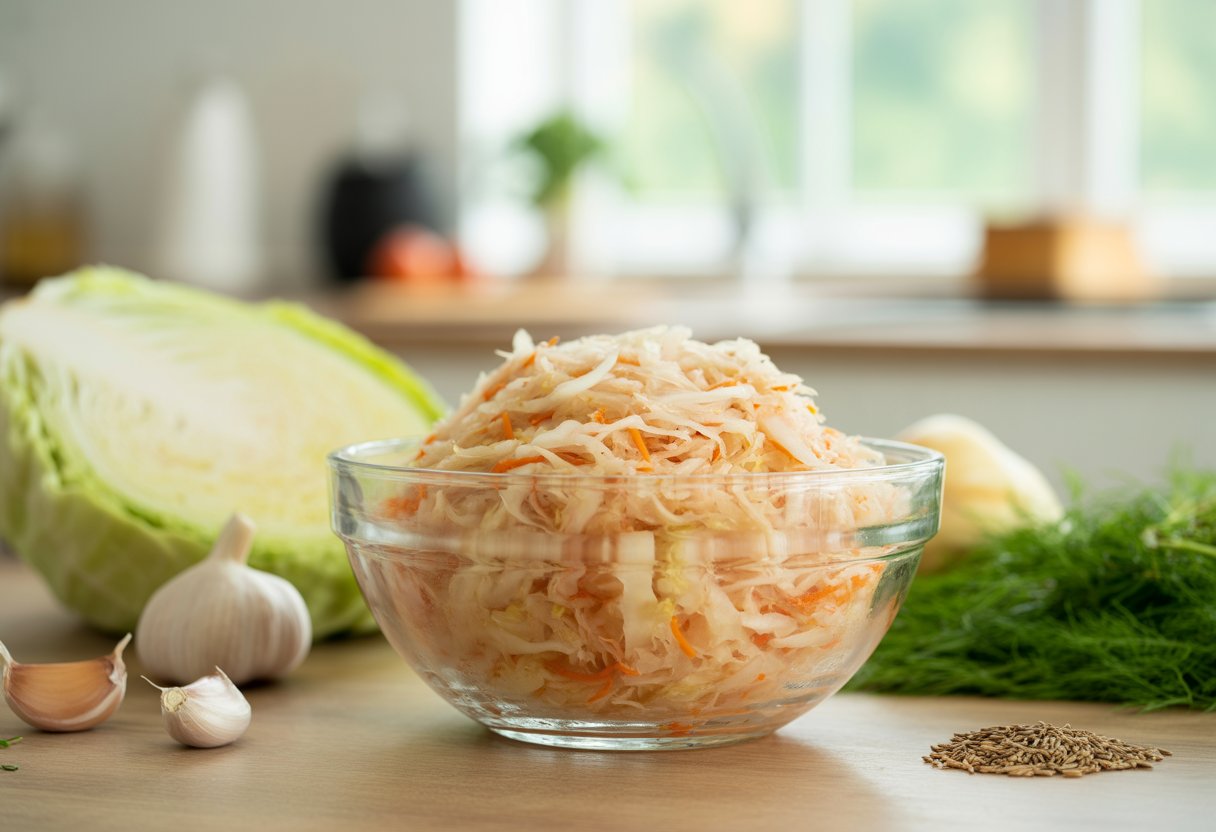 A bowl of shredded sauerkraut on a wooden table surrounded by cabbage, garlic, and caraway seeds in a bright kitchen.
