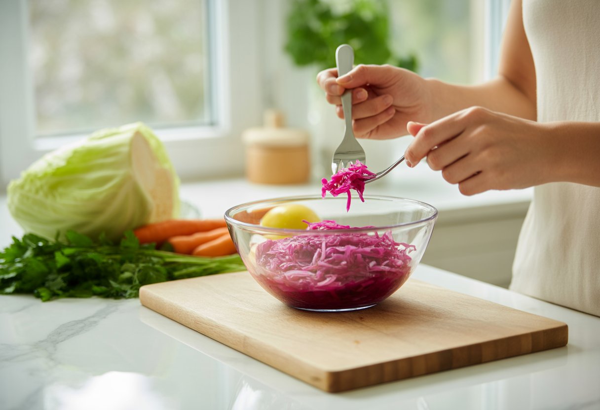 A person about to eat sauerkraut from a bowl on a kitchen countertop with fresh vegetables nearby.
