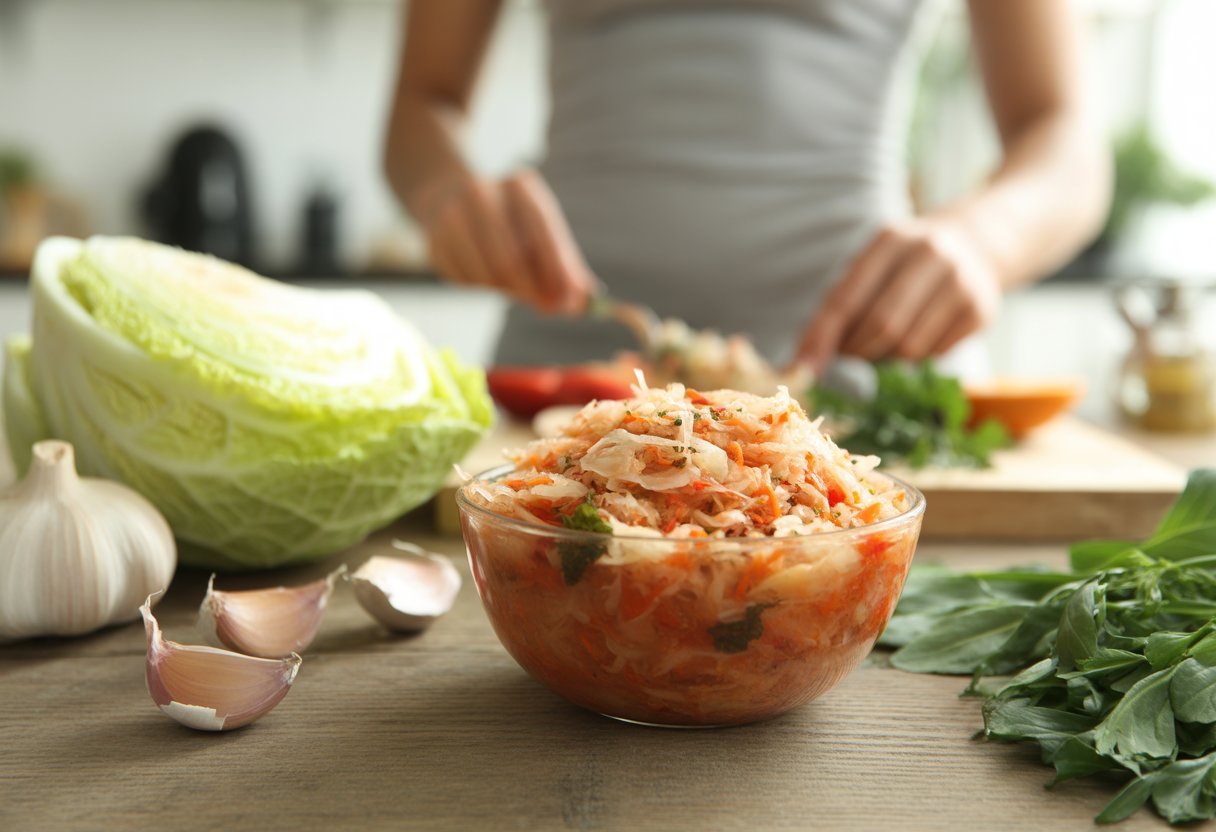 A bowl of fresh sauerkraut on a wooden table with fresh cabbage and herbs nearby, and a person preparing food in a kitchen in the background.