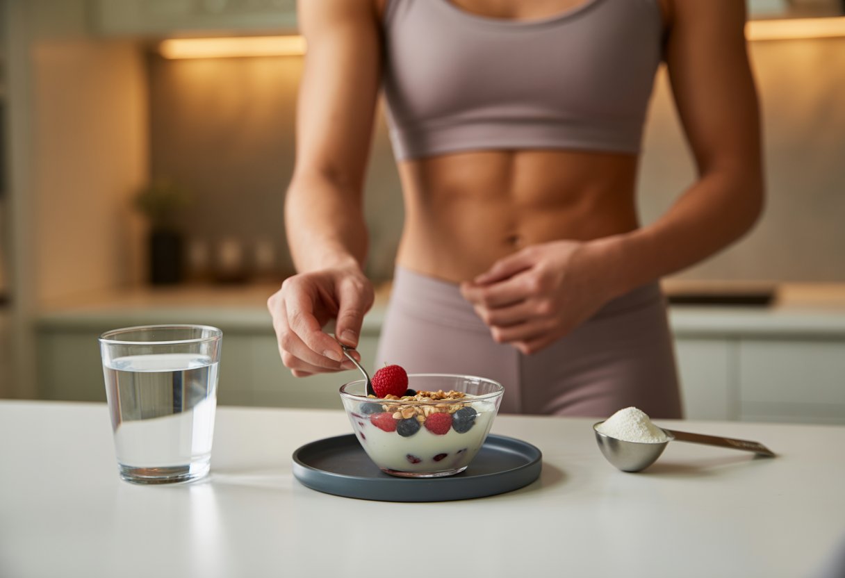 A person in sleepwear reaching for a bowl of Greek yogurt with berries and nuts on a kitchen counter, with protein powder and a glass of water nearby.