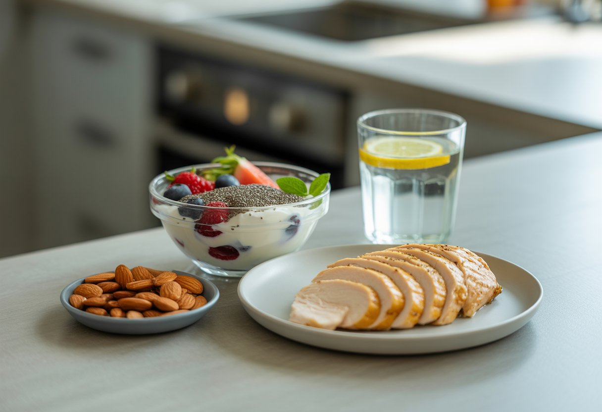 A kitchen countertop displaying a bowl of Greek yogurt with berries, sliced grilled chicken breast, almonds, and a glass of water with lemon.