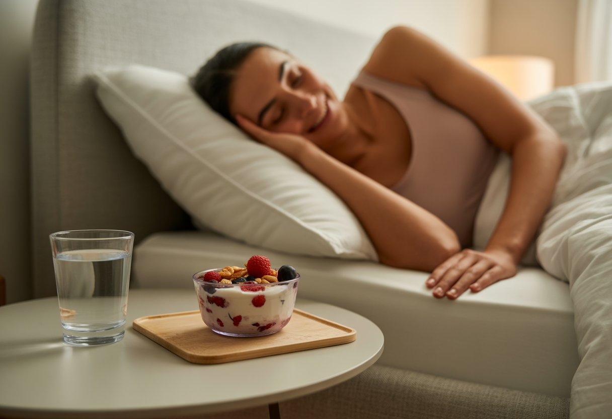 A person in sleepwear preparing for bed with a glass of water and a bowl of protein-rich snack on the bedside table in a calm bedroom.
