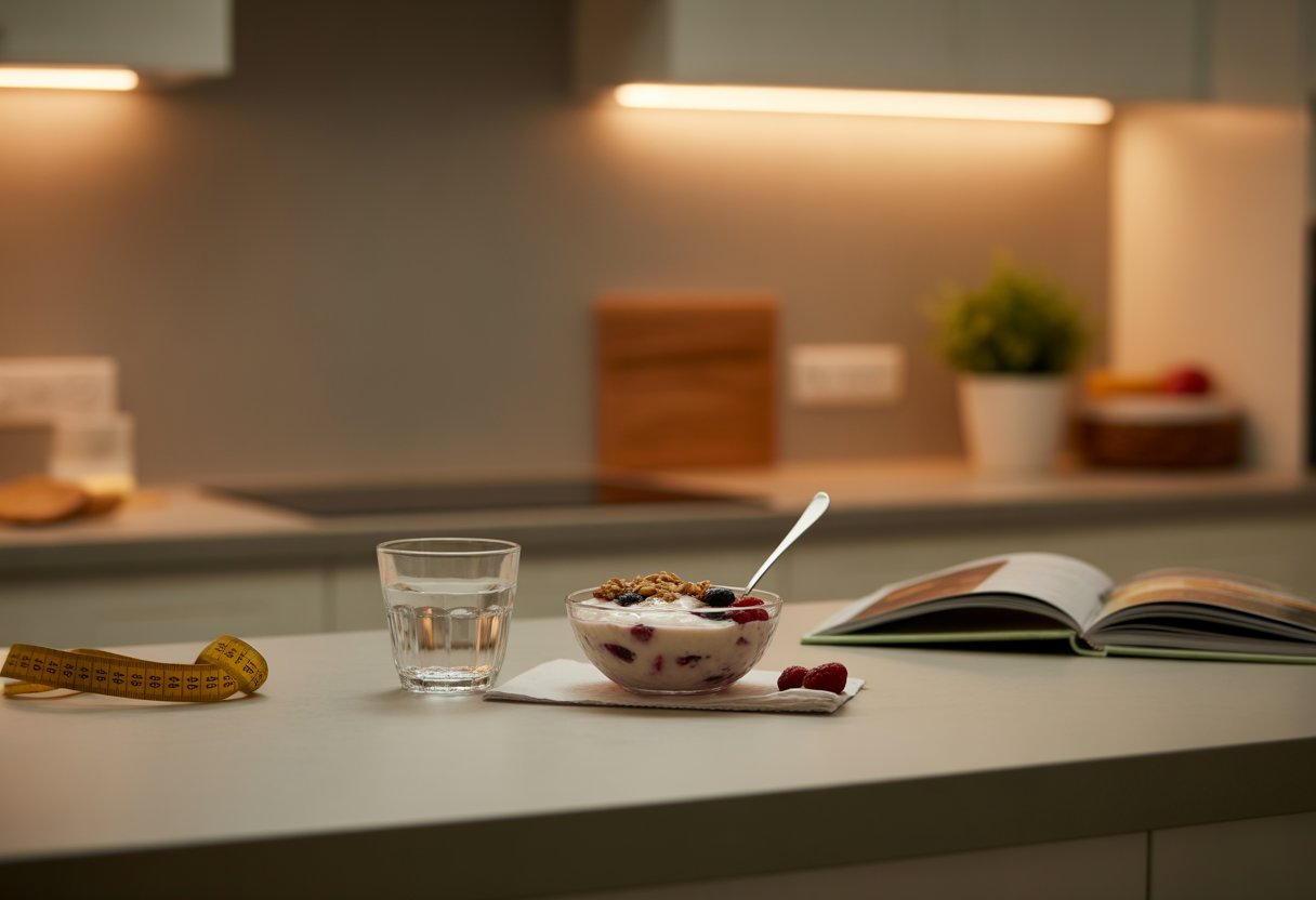 A nighttime kitchen countertop with a bowl of protein-rich yogurt topped with berries and nuts, a glass of water, and healthy lifestyle items in the background.