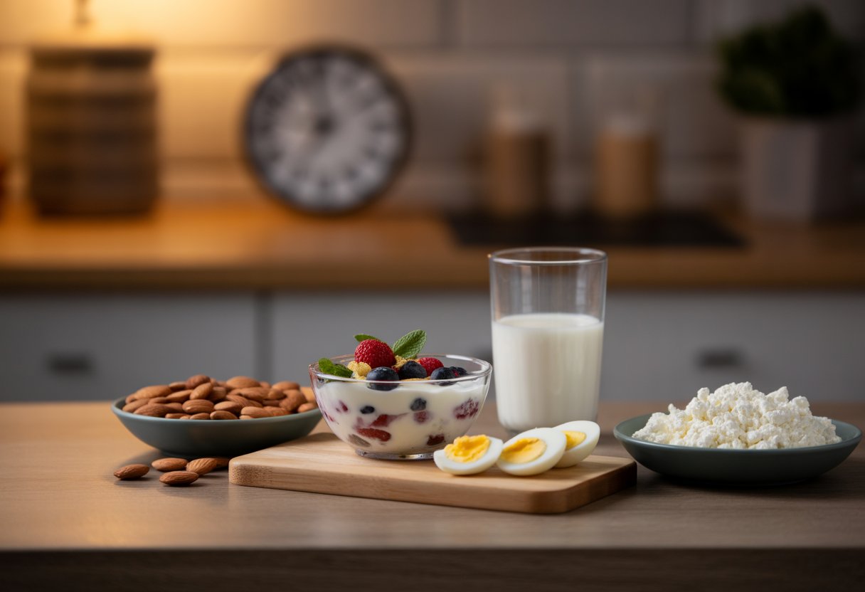 A nighttime kitchen countertop with a variety of protein-rich snacks including Greek yogurt with berries and nuts, milk, almonds, boiled eggs, and cottage cheese under warm lighting.