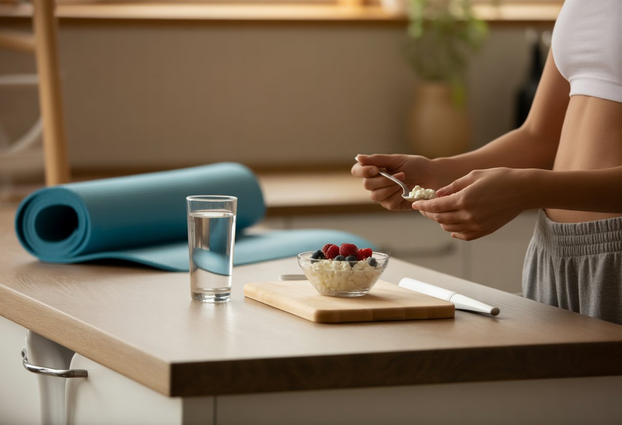 A person holding a spoon over a bowl of cottage cheese with berries on a kitchen counter, with a glass of water and yoga mat in the background.