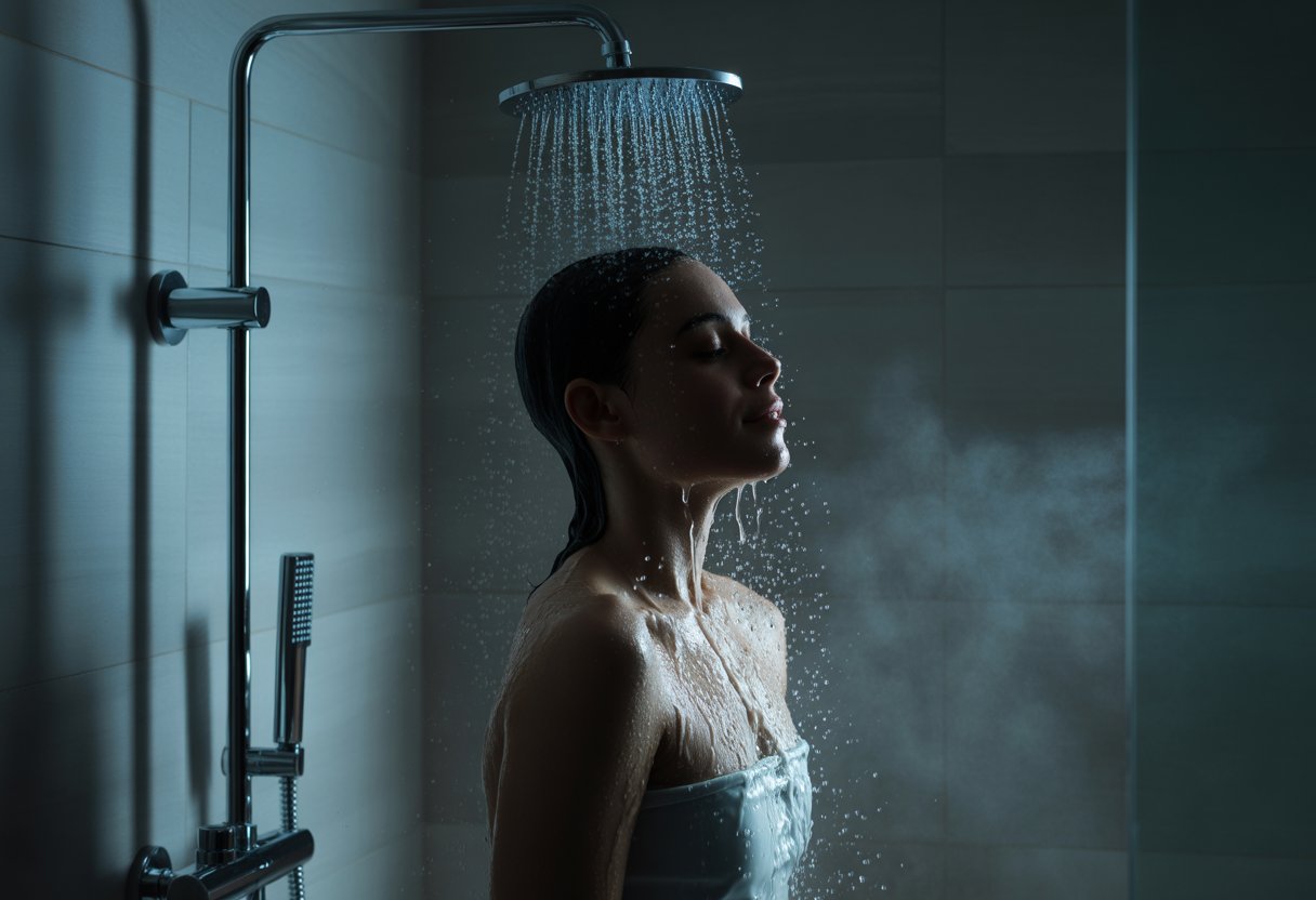 A person standing under a shower in a dimly lit bathroom with water flowing over them and steam rising around.