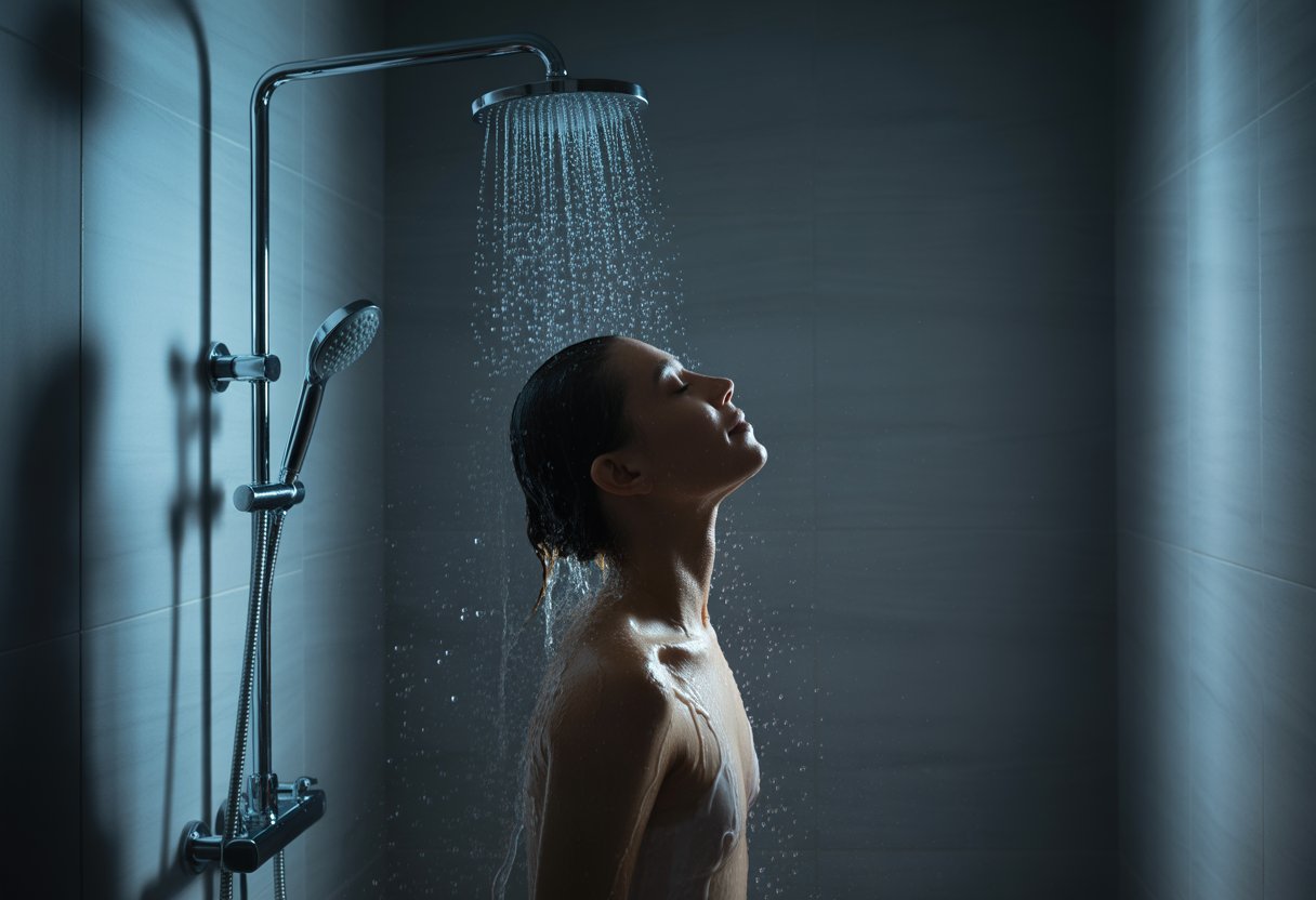 A person showering in a dimly lit bathroom with water flowing over their body, eyes closed and relaxed.