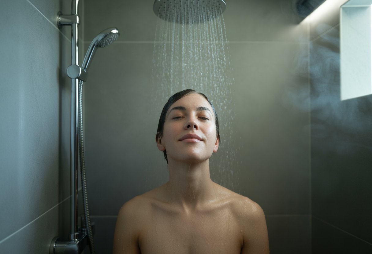 A person standing relaxed under a shower in a dimly lit bathroom with steam rising around them.