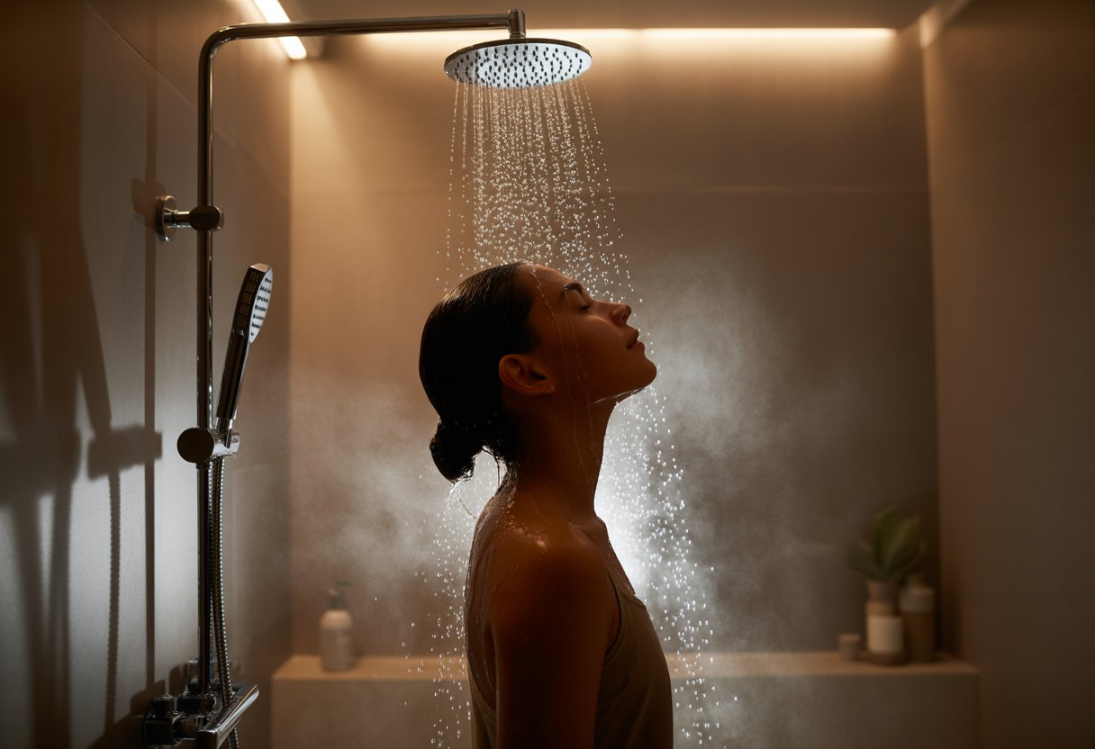 A person standing relaxed under a shower with dim lighting and steam rising around them.