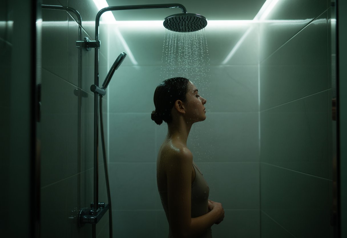 A person standing under a softly lit shower with dim ambient lighting and steam in a modern bathroom.