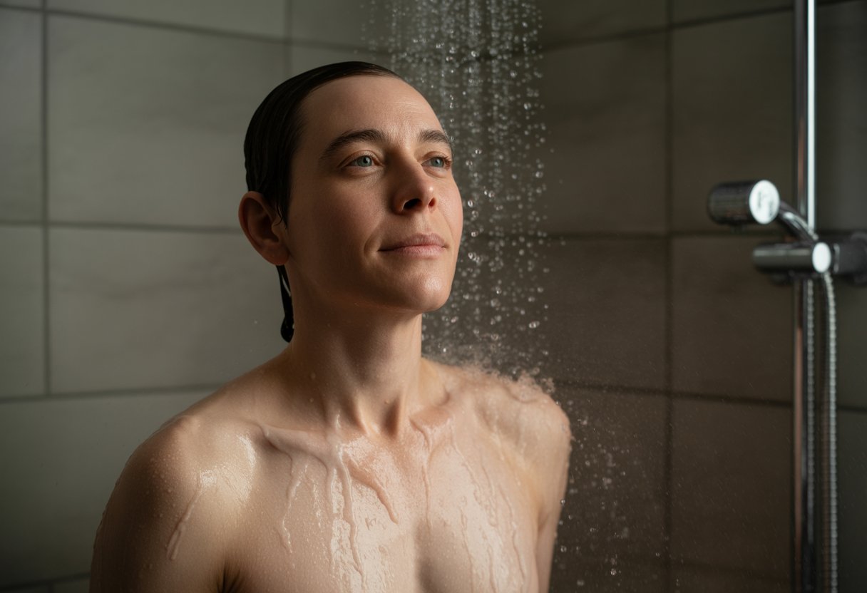 Person standing under a gentle shower stream in a dimly lit bathroom with water droplets and steam around them.